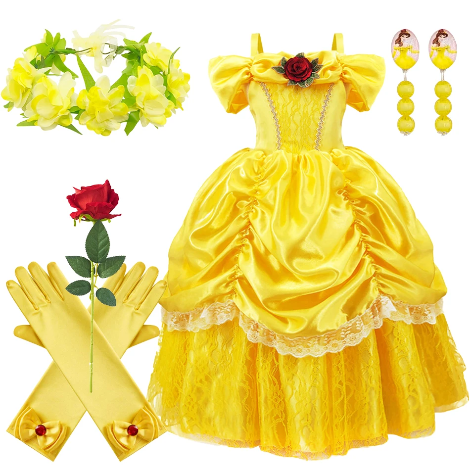 Kids Belle-Inspired Yellow Princess Dress Sets - Dress, flower crown, rose and gloves