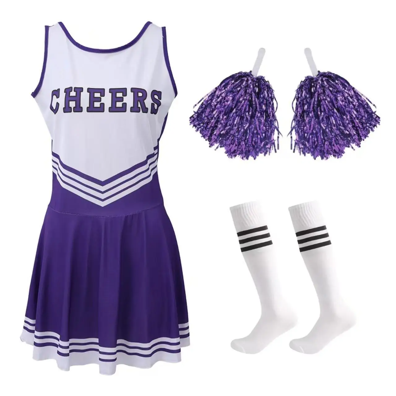 Cheerleader Costume Set with Pom-Poms - Purple