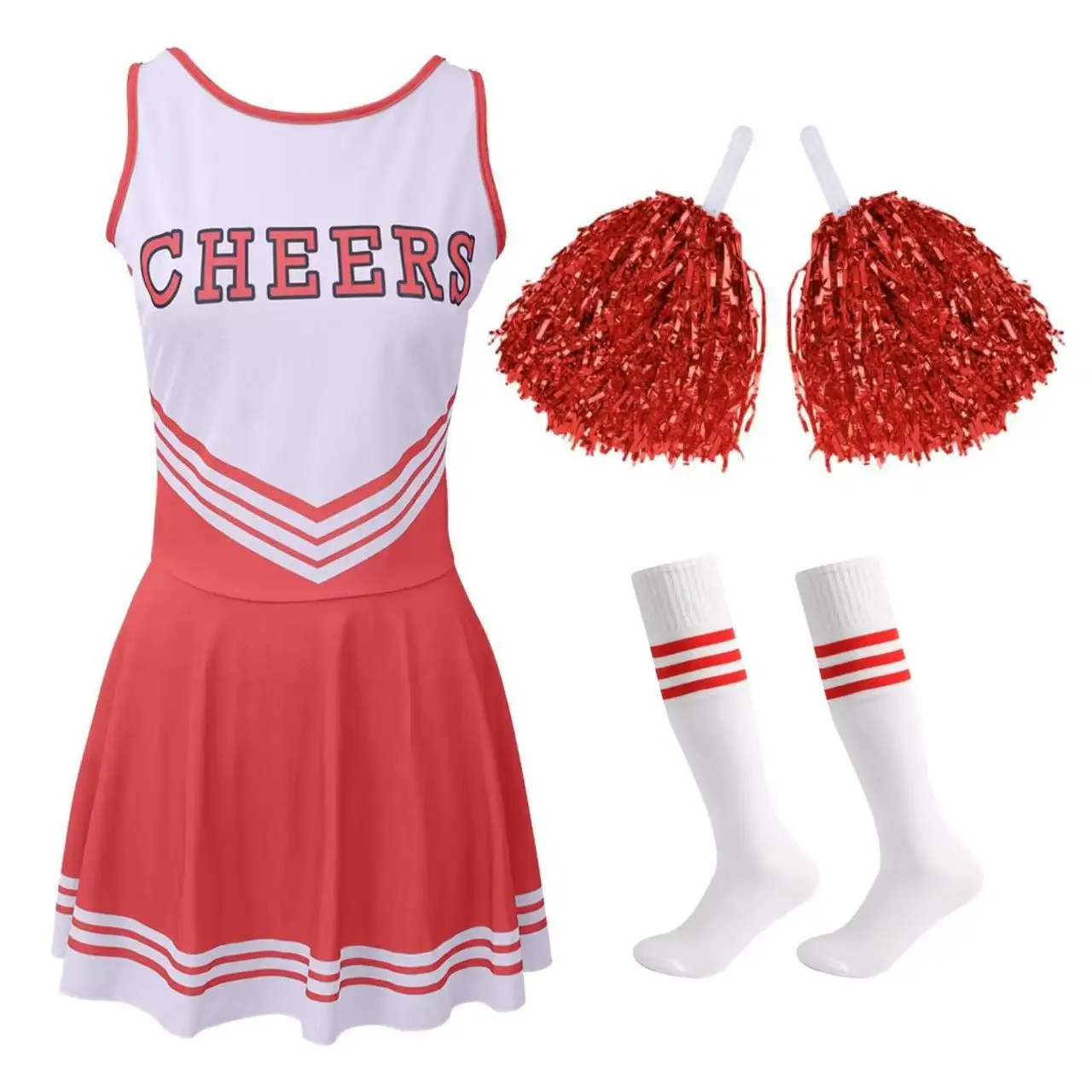 Cheerleader Costume Set with Pom-Poms - Red