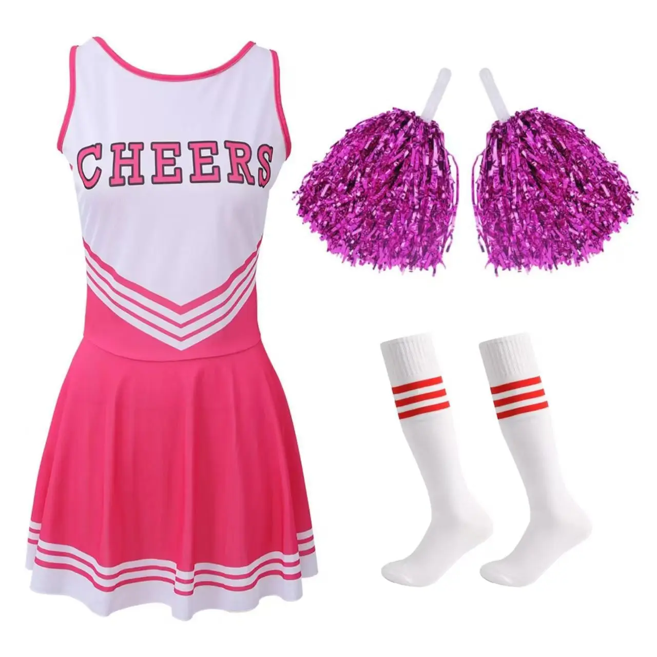 Cheerleader Costume Set with Pom-Poms - Pink