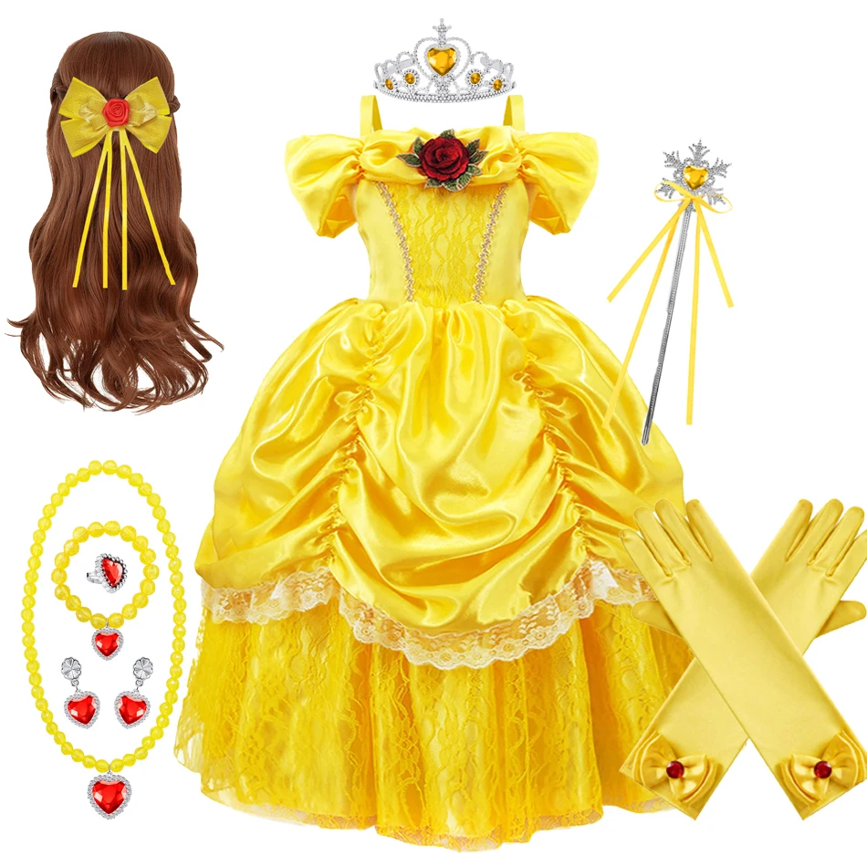 Kids Belle-Inspired Yellow Princess Dress Sets - Dress, wig, tiara, wand, gloves and jewelry