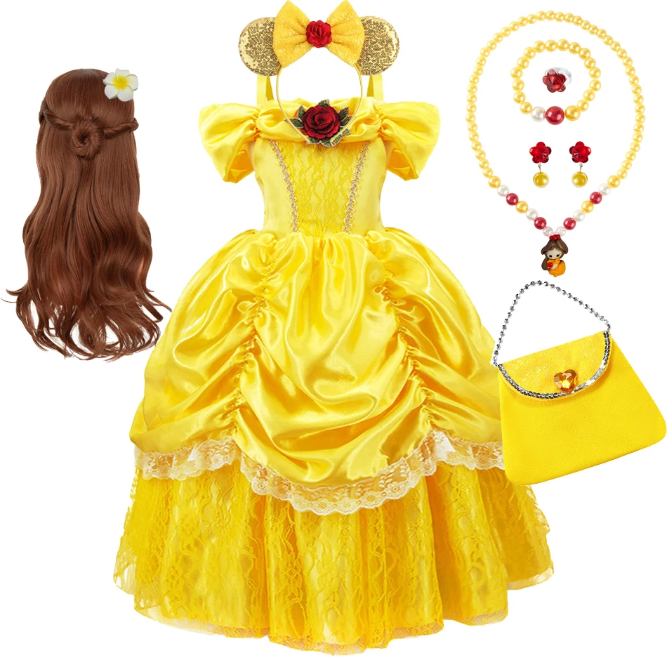Kids Belle-Inspired Yellow Princess Dress Sets - Dress, wig, ears, handbag and jewelry