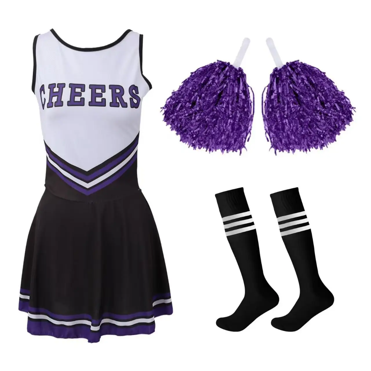 Cheerleader Costume Set with Pom-Poms - Black and purple