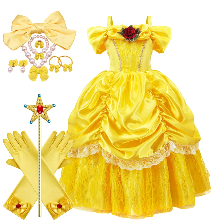 Kids Belle-Inspired Yellow Princess Dress Sets - Dress, bow, jewelry, wand and gloves