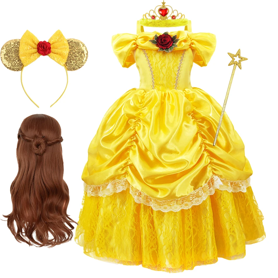 Kids Belle-Inspired Yellow Princess Dress Sets - Dress, wig, ears, tiara and wand