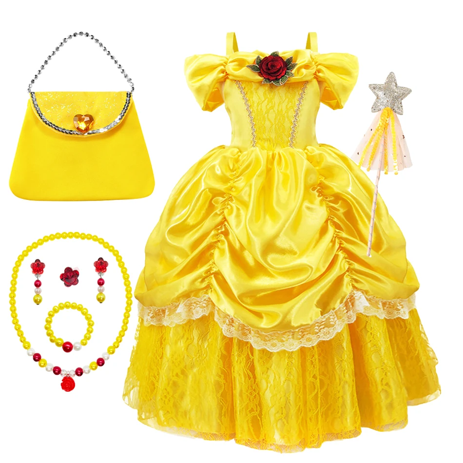Kids Belle-Inspired Yellow Princess Dress Sets - Dress, handbag, jewelry and wand