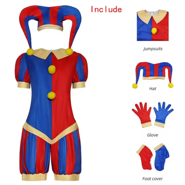 Pomni Jester Costume Set - Jumpsuit, hat, gloves and foot covers