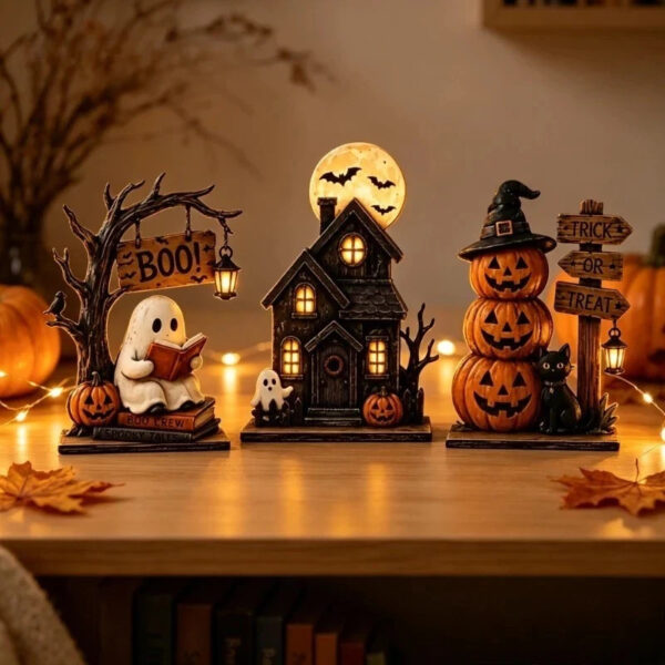 Wooden Ghost, Haunted House and Pumpkin Decor Set