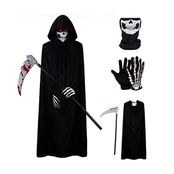 Black Grim Reaper costume set with hooded cape, skeleton mask, gloves and prop scythe