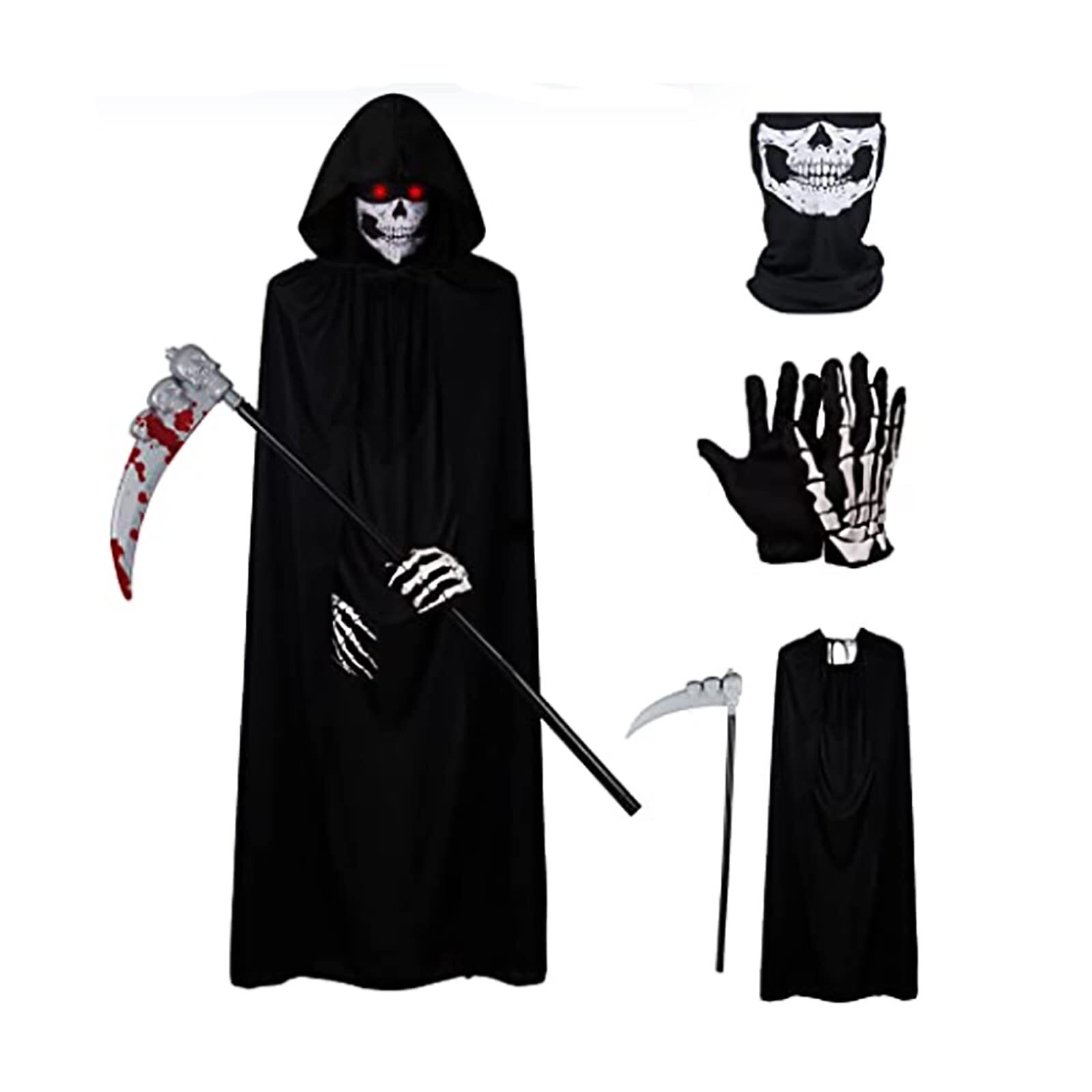 Black Grim Reaper costume set with hooded cape, skeleton mask, gloves and prop scythe