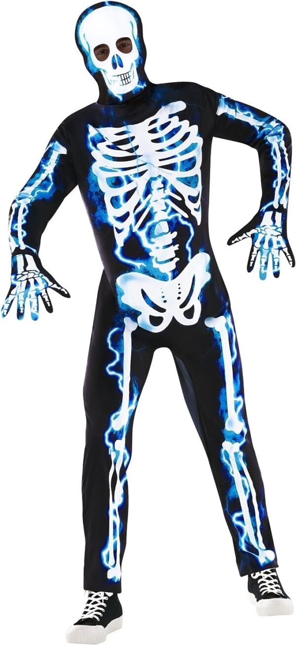 Men's Electric Skeleton Costume with Hood and Gloves