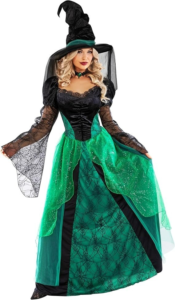 Women's Green Witch Costume with Layered Skirt and Hat