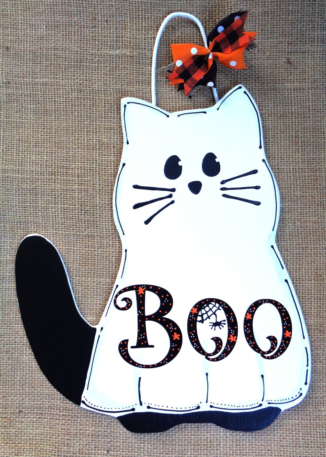 Boo! Cat in a Ghost Costume Wooden Door Sign