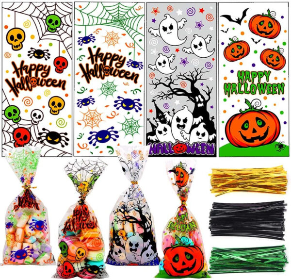 200 Pcs Halloween Cellophane Candy Treat Bags with Twist Ties for Halloween Tric