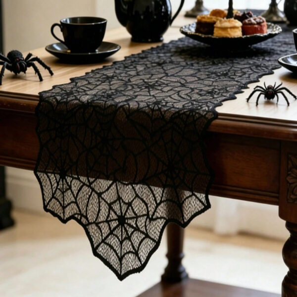 Black Spider Web Table Runner Halloween Lace Tablecloth Spooky Party Home Decor