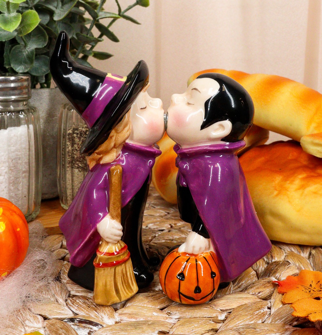 Kissing Witch and Vampire Salt and Pepper Shakers