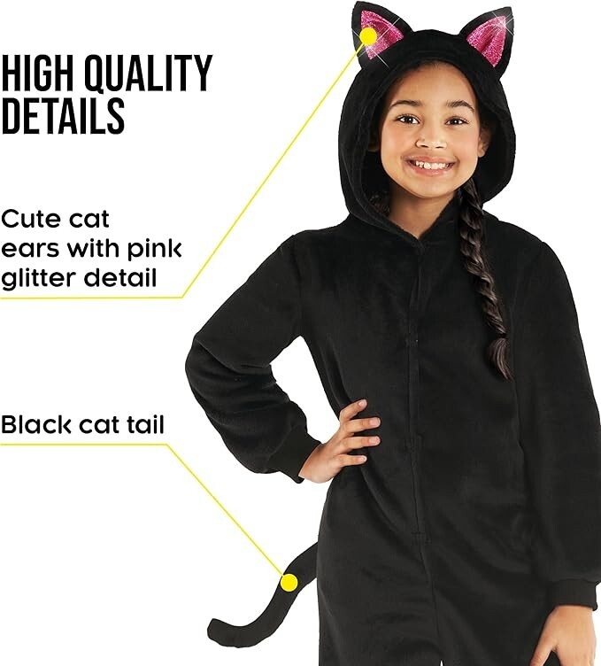 Girls' Black Cat Hooded Jumpsuit