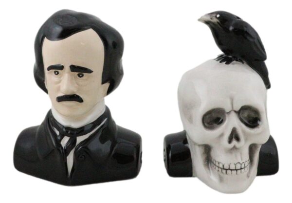 Edgar Allan Poe and Raven Skull Salt and Pepper Shakers