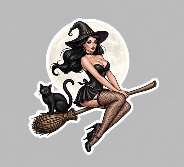 Black-Haired Witch on Broom Vinyl Sticker