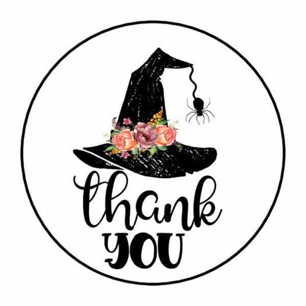 Floral Witch Hat Thank You Stickers — 30 Round Stickers, 1½ in